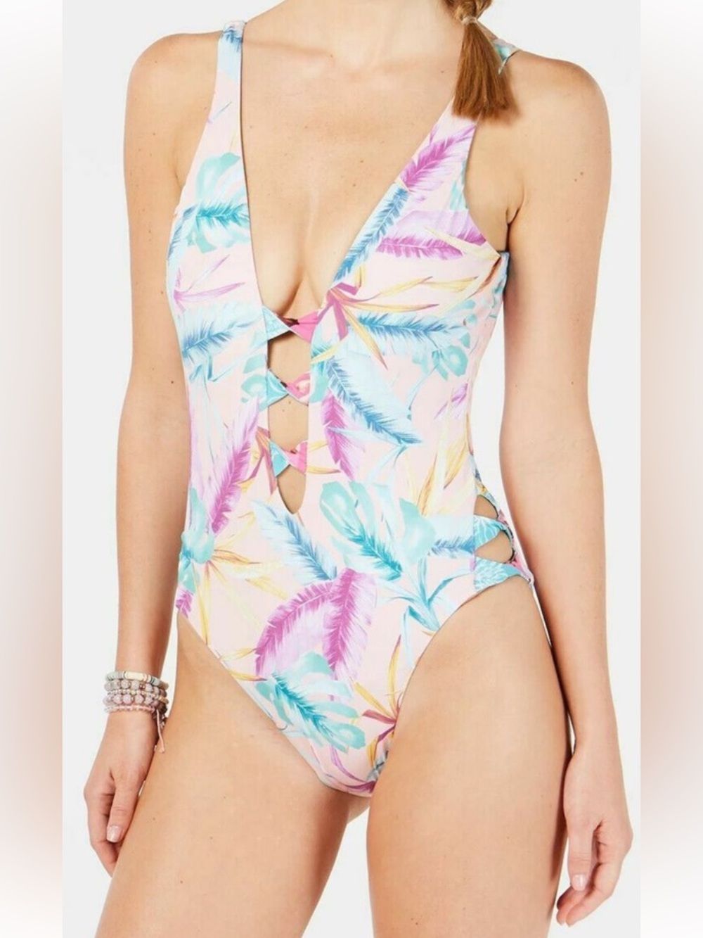 Bar III Pink Tropical Cutout One-Piece Swimsuit